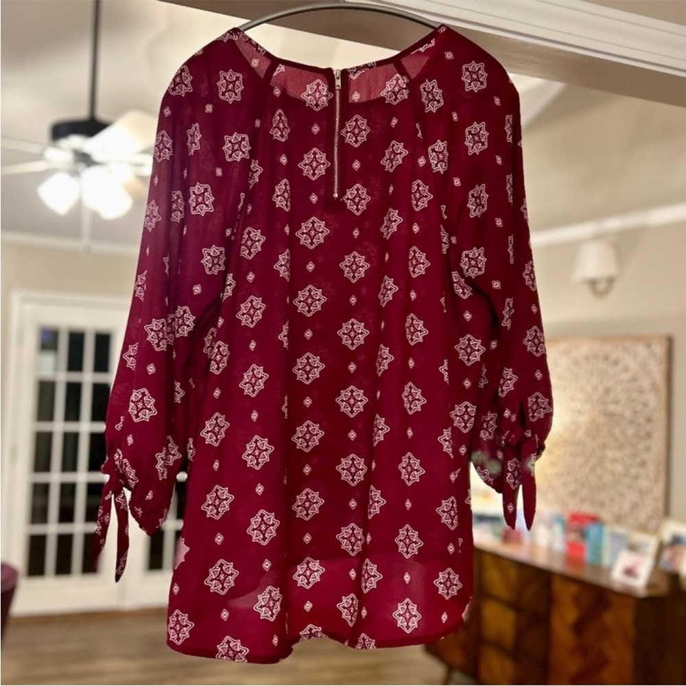 Papermoon Larie Blouse, Maroon Wine Berry Burgundy 3/4 Tie-Sleeve Top, Large - Picture 3 of 8